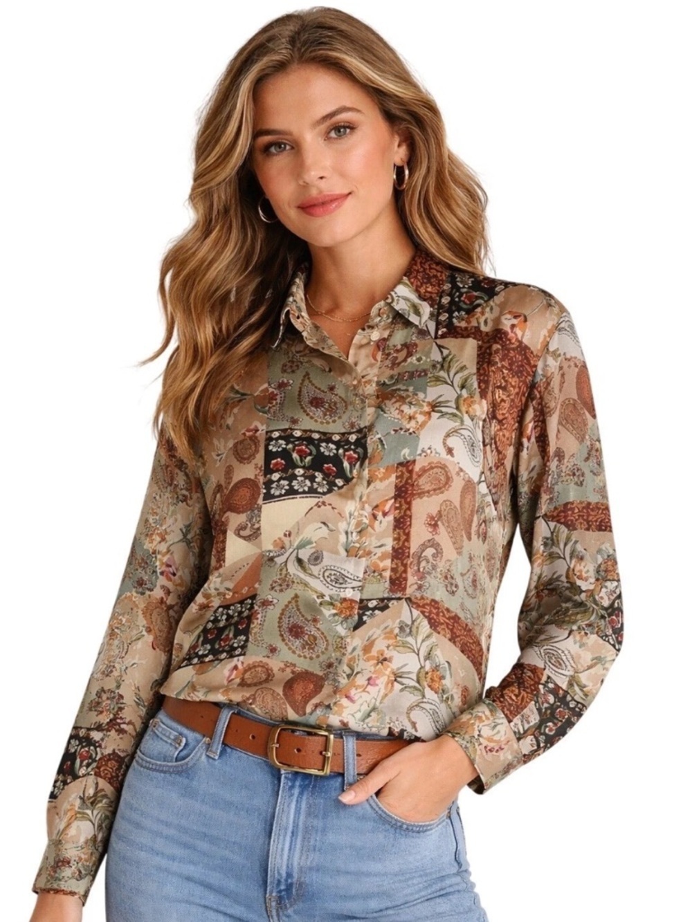 Zara Women’s Patchwork Paisley Print Button Down Shirt Long Sleeve Fairycore M